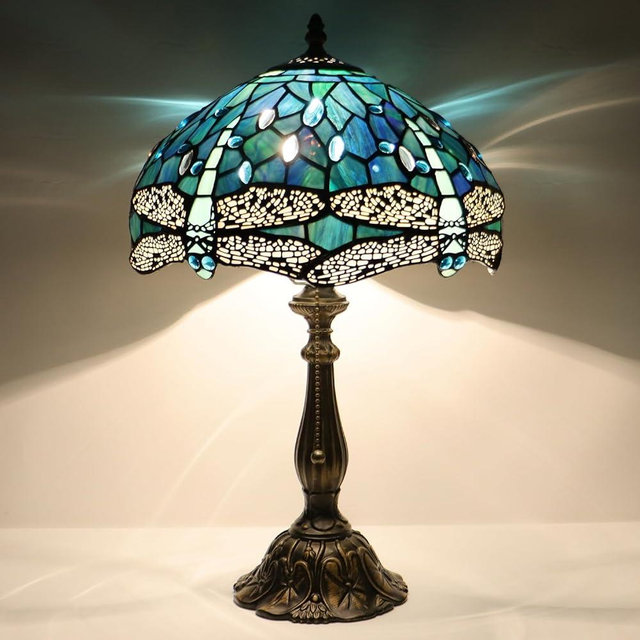 LXHCYOU Tiffany Lamp Stained Glass Table Lamp Bedside Reading Light W12H19 Inches (Sea Blue Dragonfly Style)