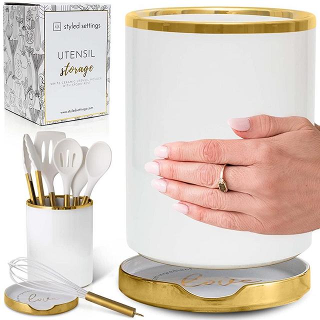 Styled Settings White & Gold Stainless Steel Measuring Cups and Spoons Set, Gold|White