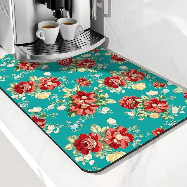 Coffee Bar Mat Accessories for Countertop Pioneer Flower Absorbent Hide Stain Rubber Backed Dish Drying Mats for Kitchen Counter Draining Pad Decor Gift Fit Under Coffee Maker (20x12in)