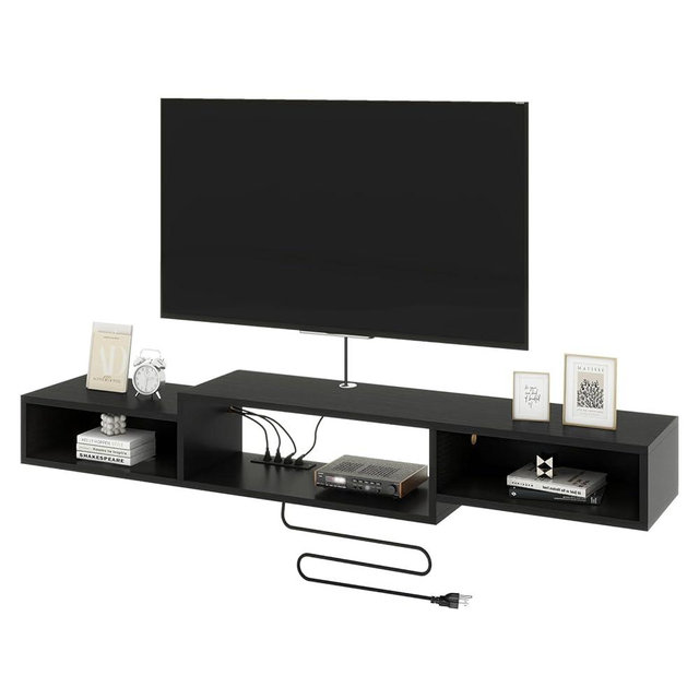 IBUYKE 71" Floating TV Stand Wall Mounted with Power Outlet,Wood Wall Mounted Media Console Shelf,Floating Entertainment Center for Under TV Storage for Living Room Bedroom Office,Black WST008B