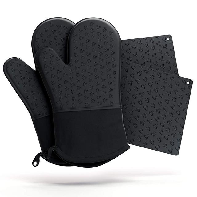 Cosy House Collection 4-Piece Oven Mitt & Pot Holder Set - Non-Slip Silicone & Cotton 500°F Heat Resistant Trivet Cooking Gloves- for Cooking & Baking (Black)