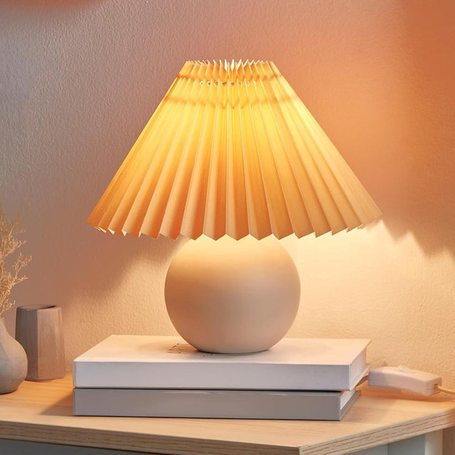 Brightech Serena LED Table Lamp - Small 10" Modern Ceramic Lamp with Pleated Shade for Bedside, Nightstand, Desk - Mini Night Light with Cozy Soft White Light for Living Room, Bedroom - Peach