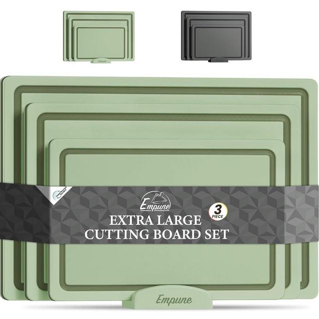 Empune Cutting Board Set, Recycled Plastic Cutting Boards for Kitchen (Set of 3), Dishwasher Safe Large Chopping Board with Holder, Non-slip Feet and Juice Grooves, Nonporous, Green
