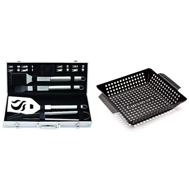 Cuisinart CGS-5014 Deluxe Grill Set, 14-Piece, Stainless Steel & CNW-328 11-Inch, Non-Stick Grill Wok, 11 x 11