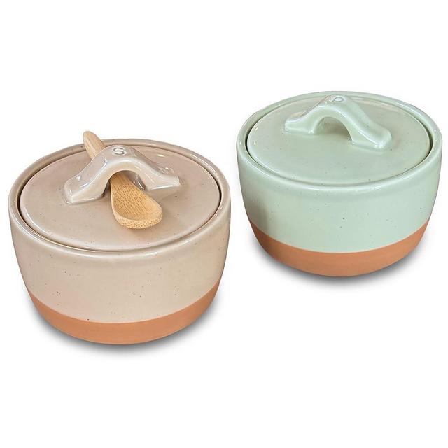 Mora Ceramic Salt and Pepper Cellar Set with Lid - 10 oz Modern Canister/Container/Bowl for Storage, Sea Salt, Spice, Sugar, Countertop - Small Dish/Jar with Wood Spoon, Matcha & Chai Crock
