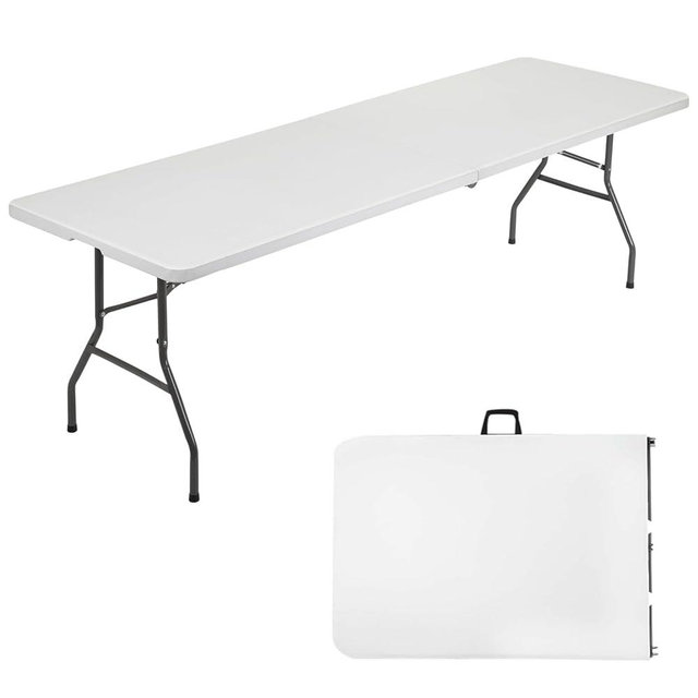 FDW 8 Foot Outdoor Dining Table, Foldable Portable Rectangular Plastic Folding Table with Built in Carrying Handle for Party and Wedding Use, White