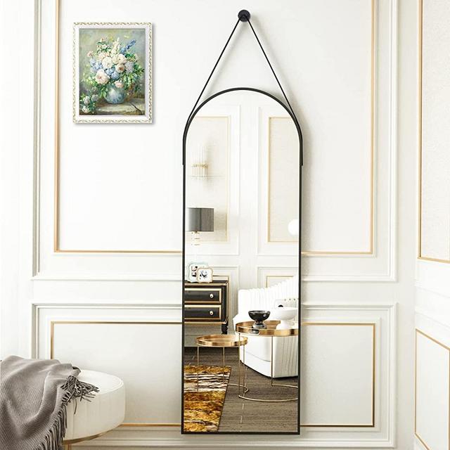 HARRITPURE 16"x48"Arched Mirror with Hanging Leather Strap Full Length Mirror Aluminum Frame Wall-Mounted Arch Mirror Hanging Mirrors for Bathroom Vanity Living Room Bedroom Entryway Decor