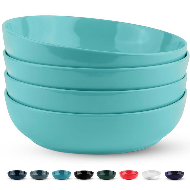 KooK Pasta Bowl, Salad Bowls, Soup, Serving Bowls, Ceramic, Large Capacity, Microwave & Dishwasher Safe, Set of 4, 40 Oz,(Light Turquoise)
