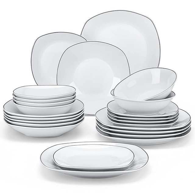 MALACASA Dinnerware Sets, 24-Piece Porcelain Plates and Bowls Sets, White Square Dinnerware Set-Black Rim, Serving Plates for Dessert, Salad, Soup, Modern Dish Set for 6, Series Elisa
