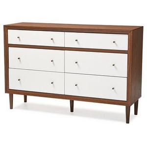 Harlow Mid-Century Modern Scandinavian Style Wood 6-Drawer Storage Dresser - White And Walnut - Baxton Studio