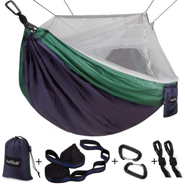 Single & Double Camping Hammock with Mosquito/Bug Net, 10ft Hammock Tree Straps and Carabiners, Easy Assembly, Portable Parachute Nylon Hammock for Camping, Backpacking, Survival, Travel & More