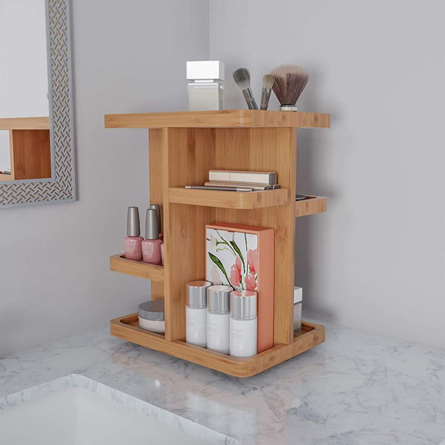 Makeup Organizer – Rotating Eco-Friendly Compact Modern Bamboo Skincare Cosmetic and Vanity Carousel for Bedroom, Bathroom, or Dorm by Lavish Home