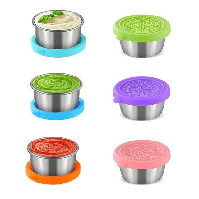 Gnicaela 6-Pack Salad Dressing Food Storage Containers with Leakproof Silicone Lids, 50ml Stainless Steel Condiment & Dipping Sauce Cups Ideal for Lunch Bento Boxes