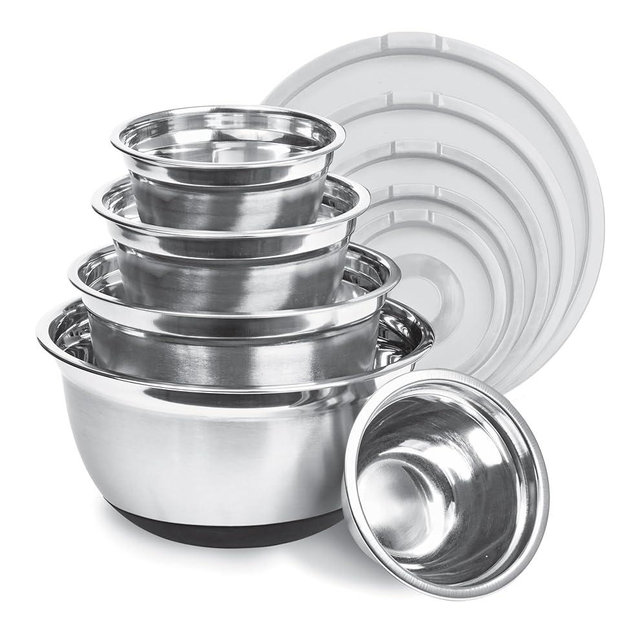 AVADOR Premium Stainless Steel Mixing Bowls, Set of 5 Brushed Stainless Steel Mixing Bowl Set, Easy To Clean, Space Saving, Great for Cooking, Baking, Prepping (5 pc Anti Slip Mixing Bowl with Lids)