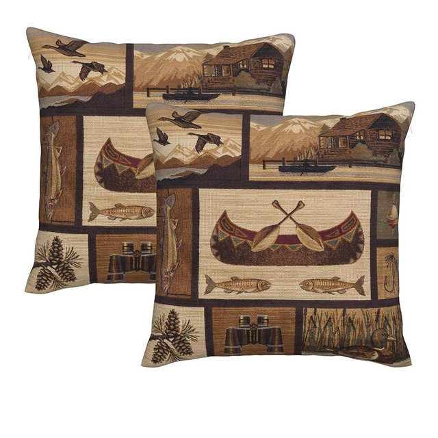 DATANSEN Set of 2 Square 18x18 inch Retro Black Throw Pillow Covers Rustic Lodge Decorative Throw Pillowcase for Home Sofa Thick Cotton Linen Cushion Cases (45x45 cm) Fly Fishing, Cabin & Canoe