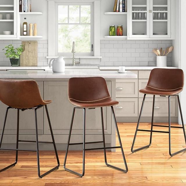 HeuGah Counter Height Bar Stools Set of 3, Brown Barstools with Back Support 26 Inch Faux Leather Bar Stools for Kitchen Island Counter Height Bar Chairs with Metal Legs (3 Pcs Brown, 26 Inch)