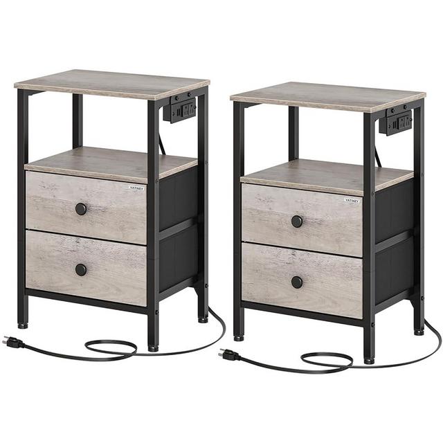 YATINEY Nightstands Set of 2, Night Stand with Charging Station and USB Ports, Bedside Tables with 2 Non-Woven Drawers, Industrial Side Tables, End Table Bedroom for Small Spaces, Living Room ET02L2BG