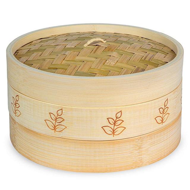 Bamboo Steamer 10 Inch | Premium 2 Tier Dumpling Steamer & Lid | Steamer basket perfect as a Chinese Dim Sum, Bao Bun, Momo, Rice & Vegetable Steamer | Steam Cooking for Healthy Food (Leaf)