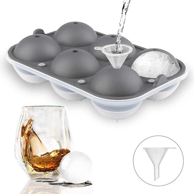 TGJOR Ice Cube Trays, Easy Release 2.5” Ice Sphere Mold Tray with Lid, Reusable Ice Ball Maker for Whiskey, Cocktail or Homemade (Funnel Included)-grey