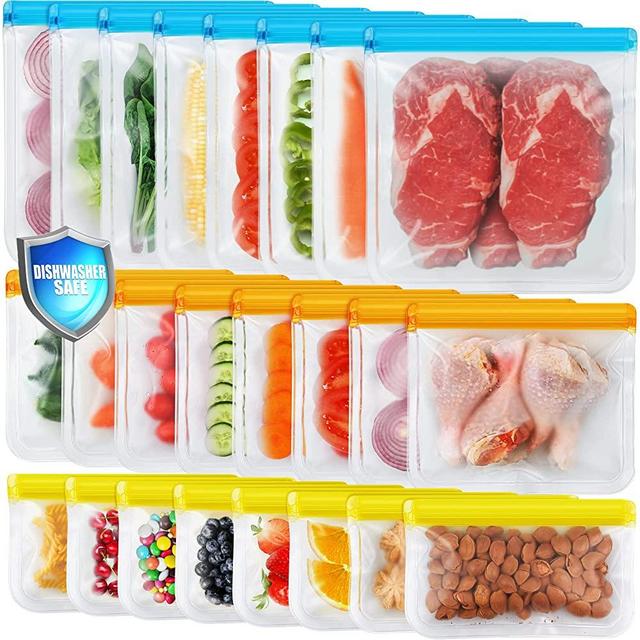 24 Pack Dishwasher Safe Reusable Ziplock Bags Silicone, Leakproof Reusable Freezer Bags, BPA Free Reusable Food Storage Bags for Lunch Marinate Food Travel - 8 Gallon 8 Snack 8 Sandwich Bags