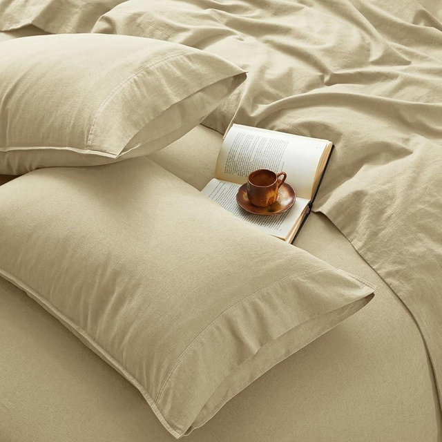 OnlySet 4Pcs Organic Linen Sheets King Size, 100% French Linen from Normandy, Breathable Linen Yellow King Sheet Set with 16 Inch Deep Pocket, 1 Flat Sheet, 1 Fitted Sheet, 2 Pillowcases