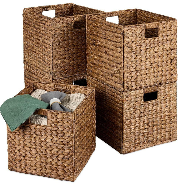 Best Choice Products 12x12in Hyacinth Baskets, Rustic Set of 5 Multipurpose Collapsible Storage Organizer, Handwoven Laundry Totes for Bedroom, Living Room, Bathroom, Shelves w/Inserts - Chestnut