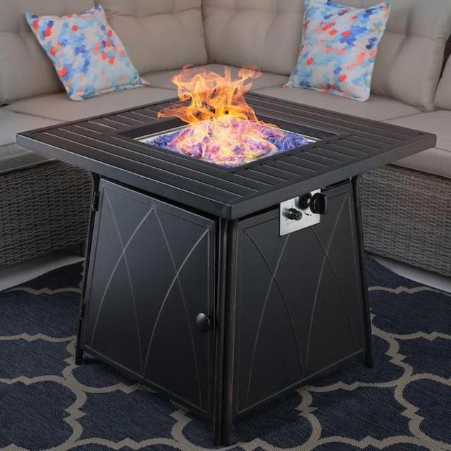 Square Metal Gas Fire Pit Table with Lid and Blue Fire Glass