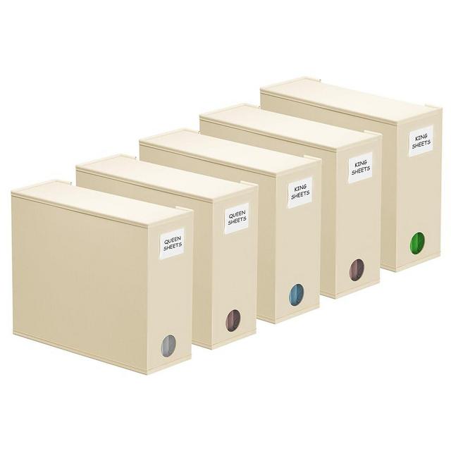 SpaceAid 5 Pack Bed Sheet Organizers and Storage, Foldable Sheet Organizer for Linen Closet, Sheets Set Folder Keeper with Window XL (Queen & King Size) Organizing Bedding Container, Beige