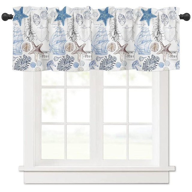 Coastal Valance Curtains for Bedroom Living Room Nautical Starfish Blue Seaweed Roman Shades for Windows Underwater World Curtains & Drapes Aesthetic Kitchen Window Curtains Over Sink 54x18in,1 Panel