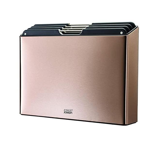 Joseph Joseph 60172 Folio Stainless-Steel Cutting Board Set with Storage Case Color-Coded Easy-Access Design Dishwasher Safer Non-Slip, Large, Rose Gold