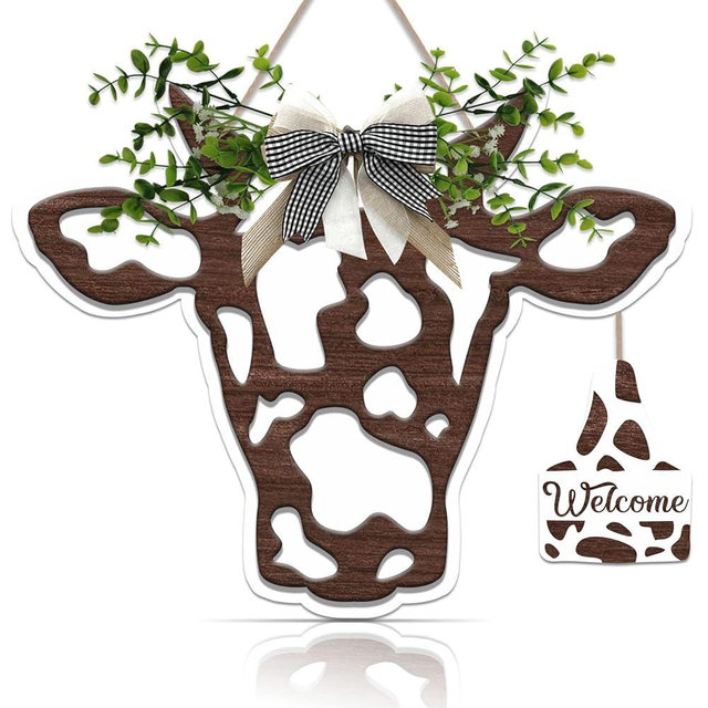 OLMIXA 3D Cow Head Wreath Wooden Sign (11.8x9.6 inch), Outdoor Cow Welcome Door Hanger Sign, Animal with Bow and Artificial Leaves Hanger for Front Door Porch Farmhouse Decor