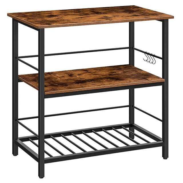 HOOBRO Kitchen Island with Storage,Industrial Kitchen Counter with Hooks and Side Enclosures, 3 Tier Kitchen Shelf with Large Workstation, Saving Space, Stable, Easy Assembly, Rustic Brown BF02ZD01