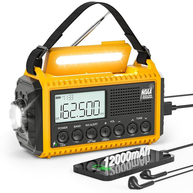 12000mAh NOAA Emergency Weather Radio, Hand Crank Emergency Radio Portable AM FM Shortwave, Solar Rechargeable Battery Powered Radio with USB-C Charger & Adapter, SOS Alert Flashlight for Home Camping