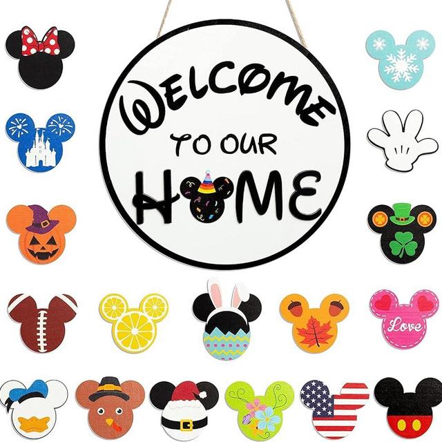 SUPYFD Cute Mouse Interchangeable Seasonal Welcome Door Sign for Front Door Decor, Welcome to Our Home Sign with Interchangeable Holiday Pieces for Farmhouse/Wall/Porch Decor and Housewarming Gift (Round)