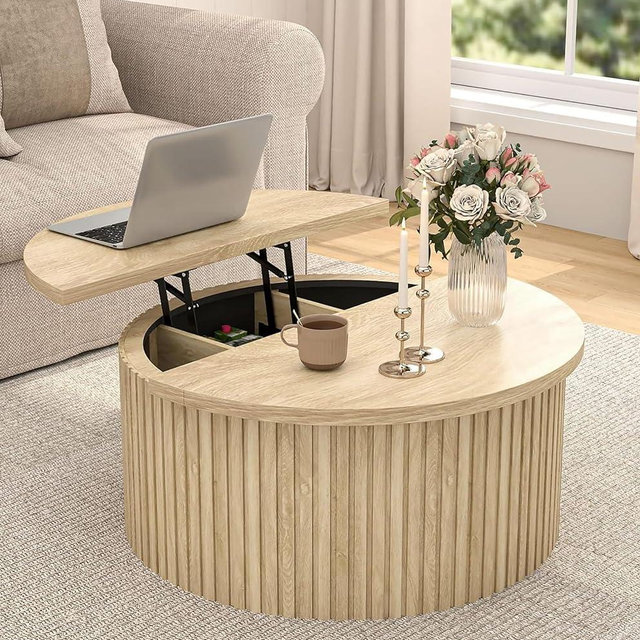 Fsbecl Fluted Lift Top Coffee Table with Hidden Storage, 31.6 Inch Round Coffee Tables for Living Room, Circle Wood Center Tables for Home (Wood Color)