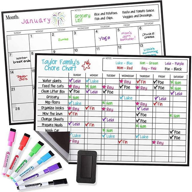 Magnetic Dry Erase Chore Chart and Calendar Bundle for Fridge: 2 Boards Included - 17x12" - 6 Fine Tip Markers and Large Eraser with Magnets, Refrigerator White Board Wall Chores Chart for Kids