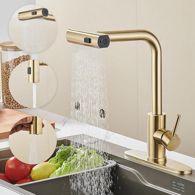 AVSIILE Kitchen Faucet with Pull Down Sprayer, Brushed Gold Waterfall Touch Single Hole Handle Stainless Steel Kitchen Sink Faucets, Commercial Modern Faucets for Kitchen Sinks with Pull-Down Sprayer