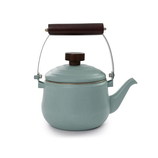 Barebones Enamel Teapot - Vintage Inspired Design - Baked Stainless Steel Rim - FSC Certified Natural Walnut handle Tea Kettle - 1.5 Liters, 6 Cups (Mint)