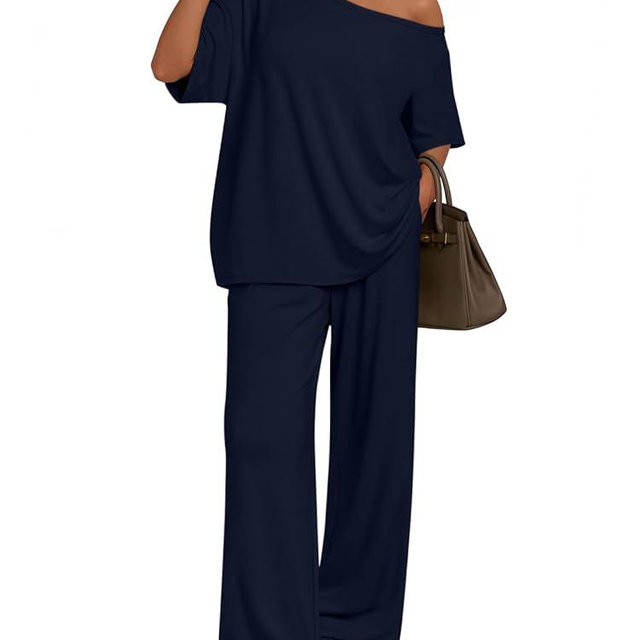 Trendy Queen Womens 2 Piece Lounge Sets Off Shoulder Oversized Tshirts & Wide Leg Pants Outfits
