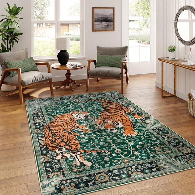 Moynesa Tiger 5x7 Area Rug, Boho Washable Living Room Rug, Non Slip Green Rugs for Bedroom, Ultra Thin Vintage Soft Stain Resistant Throw Floor Carpet for Office Dining Room