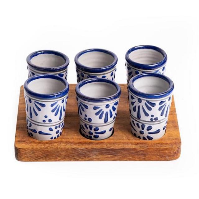 Beautiful Set of 6 Artisenal Talavera Shots with Parota Wood Base