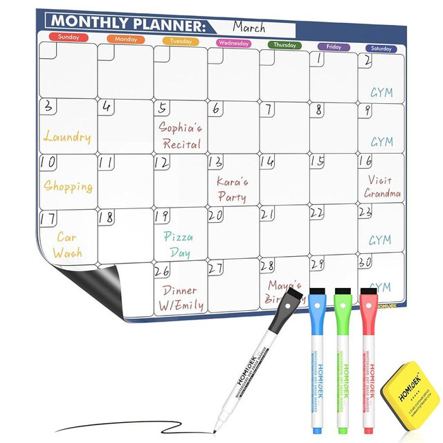 HOMiDEK Magnetic Dry Erase Calendar for Refrigerator: Fridge Whiteboard Calendar Magnet Monthly Planner Family Planning Board with Dry Erase Markers & Eraser - 14 x 11 Inches