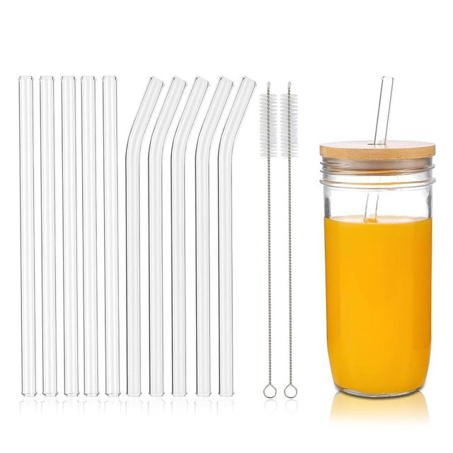 10 Pcs Reusable Clear Glass Straws,9''x10 mm Glass Straws Shatter Resistant for Smoothie,Milkshakes,Tea,Juice,Set of 5 Straight and 5 Bent with 2 Cleaning Brushes -Dishwasher Safe
