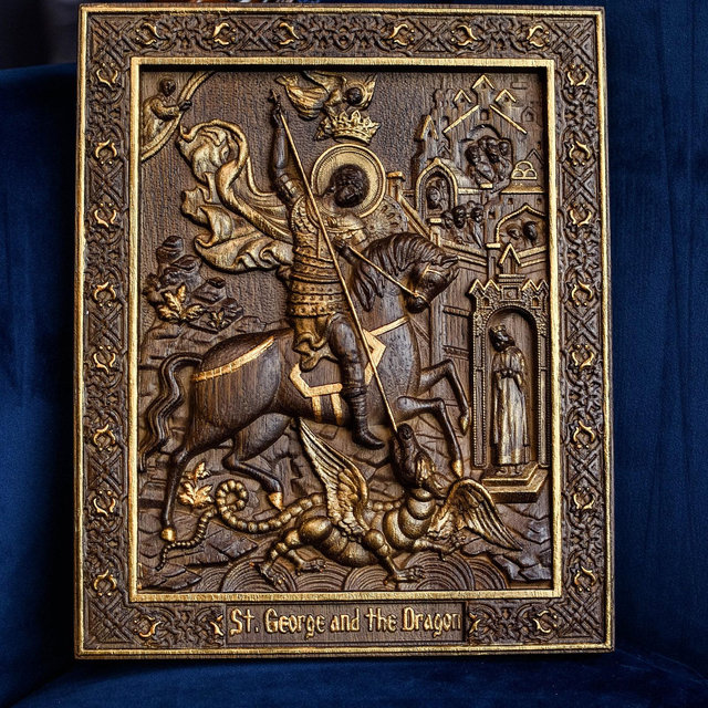 Saint George and the Dracon Wooden Carved religious Wall decor icon christian gift for men