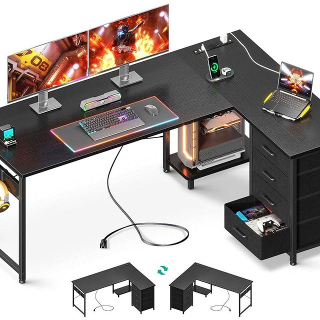 AODK L Shaped Gaming Desk with 4 Drawers, 61" Reversible Home Office Desks with Power Outlets, L Shaped Computer Desk with USB Charging Port and Host Stand, Corner Desk, Easy to Assemble, Black
