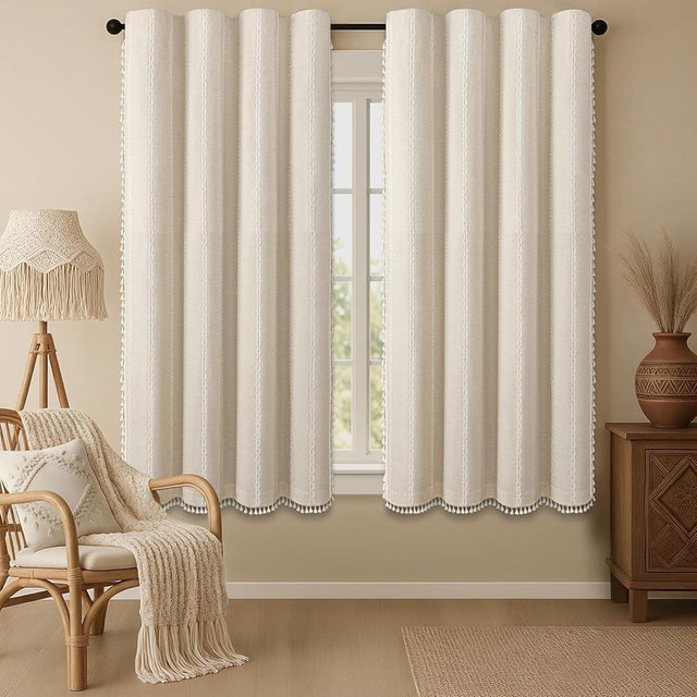 XOGUIBO Boho Blackout Curtains 63 Inches Long Beige Linen Blend 2 Panels with Tassels and Cotton Embroidery, Farmhouse Vintage Rustic Rod Pocket Drapes for Living Room or Bedroom