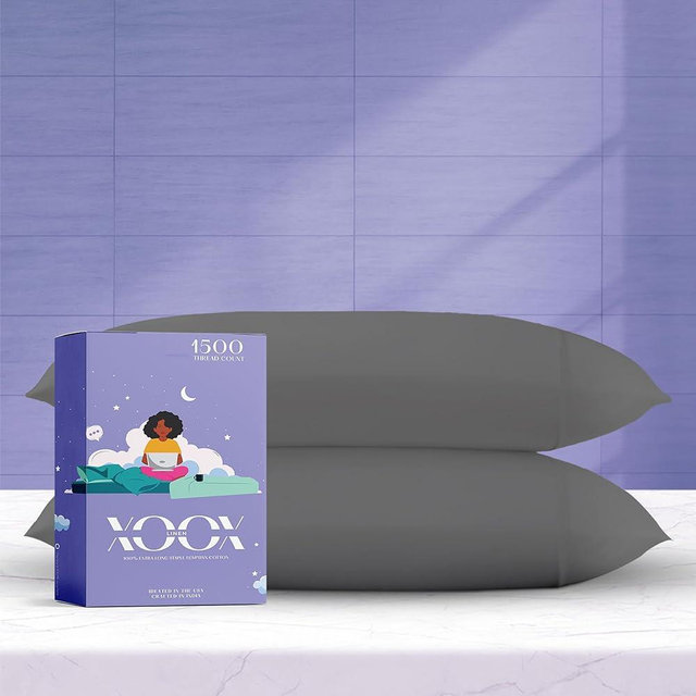 XOOX Linen 100% Egyptian Cotton Pillow Cases King Size Set of 2 - Luxury 1500 Thread Count Sateen Dark Grey Pillow Covers, Silky Soft & Cooling Extra Long Staple Pillowcases, Fits King Size Pillows