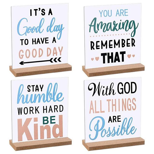 4 Pieces Inspirational Quotes Desk Decor Wood Block Plaque Positive Wooden Table Signs Decorative Wood Table Sign Centerpiece for Women Desk Office Decor Party Table Accessories(Stylish Style)