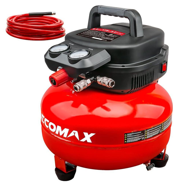 Air Compressor, 6-Gallon Pancake Air Compressor, 3 CFM @ 90 PSI, MAX 175PSI Pressure/1.5HP, with 25 FT Air Hose, Compressor for Air Tools, Car Tires, Garage, and Shop