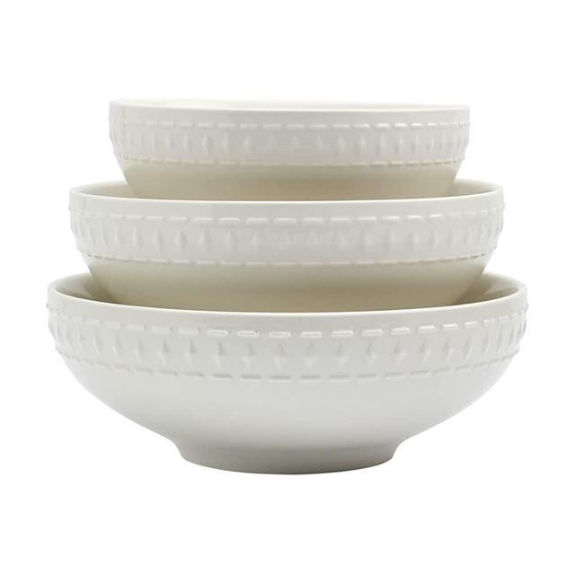 Tabletops Gallery Embossed Bone White Porcelain Round Dinnerware Collection- Chip Resistant Scratch Resistant, Bloom 3 Piece Serving Bowl Set